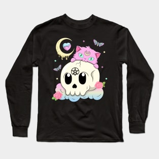 Creepy Kawaii Kitty with Skull Pastel Goth Long Sleeve T-Shirt